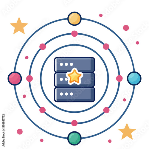 Картината върху платно A colorful vector graphic illustration of a server surrounded by orbiting planet