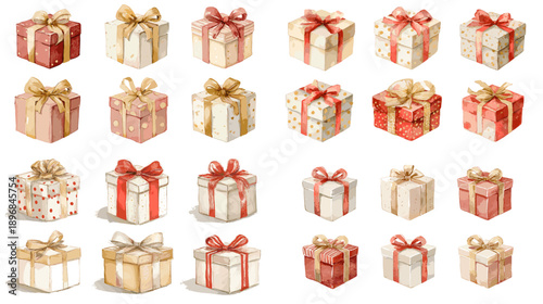Watercolor gift boxes set with ribbons and bows in warm pastel colors. Hand painted present collection for Christmas, birthdays, weddings, baby shower, greeting cards, and cute packaging.
