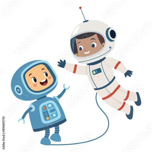 Two cartoon astronauts in space suits floating together in a vector graphic