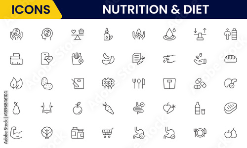 Nutrition and Diet, Healthy Food, and Detox Diet Vector Icons. Contains such Icons as Metabolism, Caunt Calories, Palm oil free, Zero trans fat, Probiotics, and more
