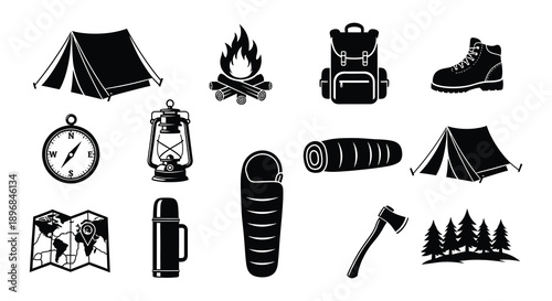 Camping and hiking equipment icons in a black and white illustration