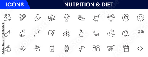 Nutrition and Diet, Healthy Food, and Detox Diet Vector Icons. Contains such Icons as Metabolism, Caunt Calories, Palm oil free, Zero trans fat, Probiotics, and more