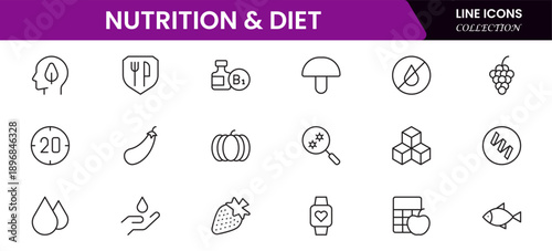 Nutrition and Diet, Healthy Food, and Detox Diet Vector Icons. Contains such Icons as Metabolism, Caunt Calories, Palm oil free, Zero trans fat, Probiotics, and more