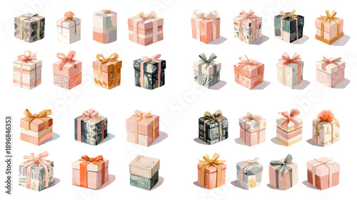 Pastel watercolor gift boxes set with ribbons and bows. Soft hand painted presents collection for birthdays, holidays, Christmas, baby shower, wedding, greeting cards, and cute design.