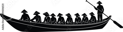 Black silhouette vector illustration of Asian people in conical hats rowing a long traditional wooden boat isolated on white background for travel culture concept.