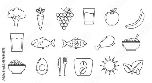 Line art illustration of healthy foods nutrition symbols and wellness elements