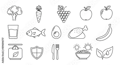 Line art illustration of healthy foods nutrition symbols and wellness elements