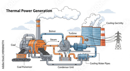 Diagram of a thermal power generation plant illustrating the process.