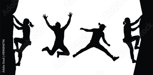 Black silhouette vector illustration of rock climber people climbing wall and jumping isolated on white background for extreme sport adventure and bouldering concept