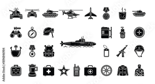 Black and white icons depicting various military equipment and symbols