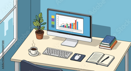 Desk with computer showing financial chart and office supplies.