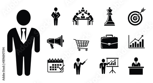 Black silhouette icons depicting business strategy and leadership concepts
