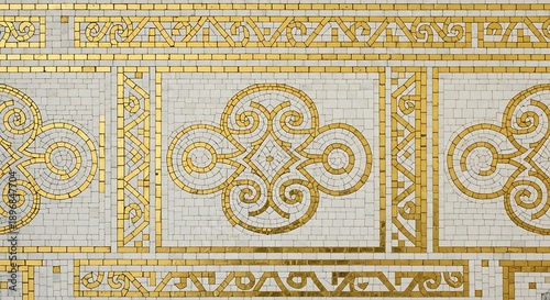 Intricate patterns of golden mosaics on a stone background design