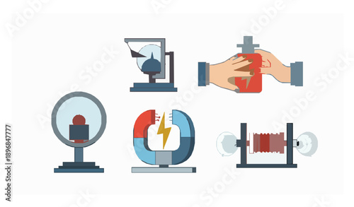 Electrostatics and electromagnetism vector diagram set with touch electricity and Faraday cage isolated on white