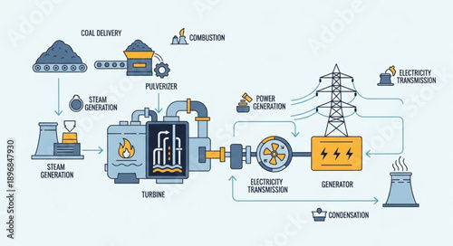 Diagram of a coal-fired power plant energy generation process.
