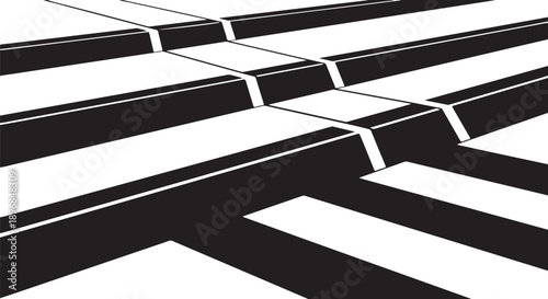 Black and white geometric pattern with intersecting lines and shapes