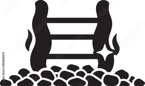 Black silhouette of a ladder on rocks with flames