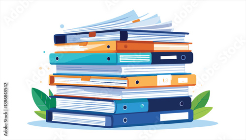 Illustration of a pile of binders and papers with leaves