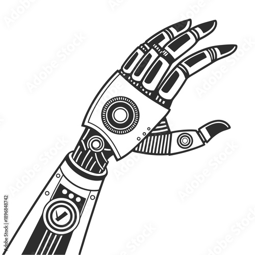 A robotic hand with digital elements is depicted in a black and white illustration showcasing mechanical fingers and wrist details
