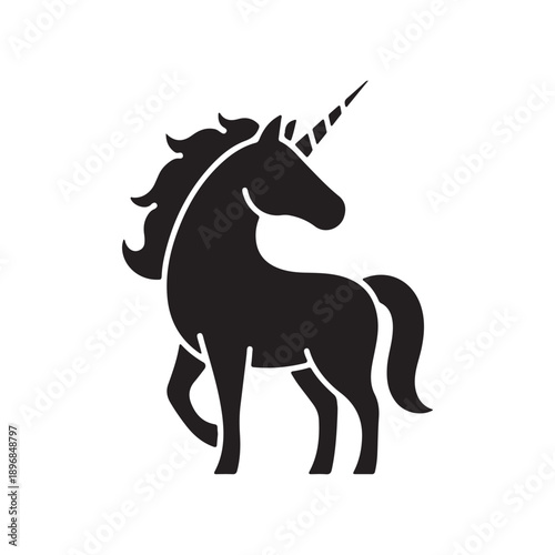 Unicorn black glyph icon. Mythical creature, fairy tale animal mascot. Childish fantasy animal, kids fable silhouette symbol on white space. Magical horse with horn vector isolated illustration on whi