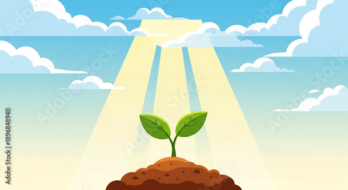 A vibrant green sprout pushing through fertile earth, bathed in bright sunbeams from a clear blue sky, symbolizing growth, new beginnings, and hopeful life's promise