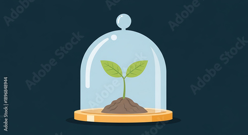 Protecting a delicate green sprout within a glass cloche, symbolizing environmental care, sustainable development, and nurturing new life for a brighter future