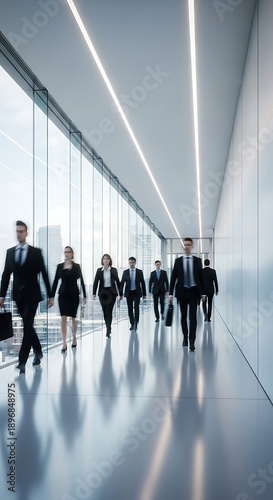 Group of business professionals walking down a modern office corridor.