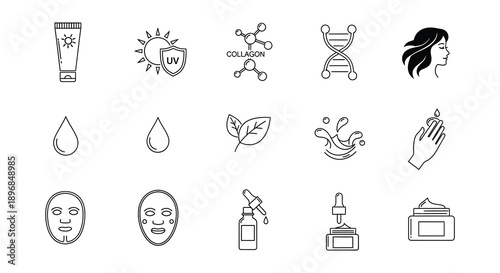 Skincare and beauty related line icons sun protection collagen and facial care