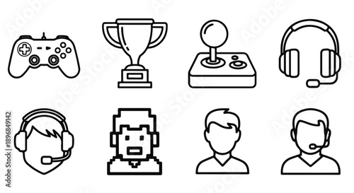 Linear icon set of trophy, joystick, pixel character and male avatar for e-sports and gaming community