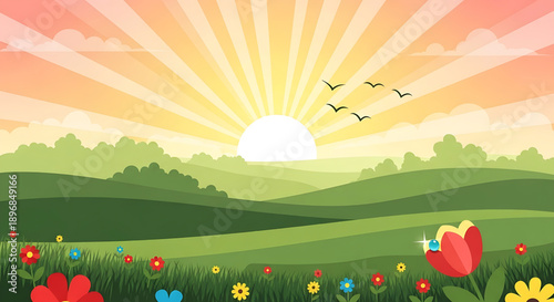 Vibrant sunrise illustration over peaceful green landscape. Rolling hills, lush trees, colorful wildflowers blooming, birds flying. Serene morning nature scene