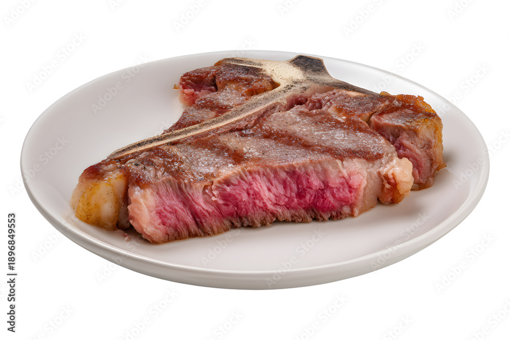 Fototapeta premium Grilled T-bone steak on plate, isolated on transparent background