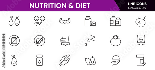 Nutrition and Diet, Healthy Food, and Detox Diet Vector Icons. Contains such Icons as Metabolism, Caunt Calories, Palm oil free, Zero trans fat, Probiotics, and more