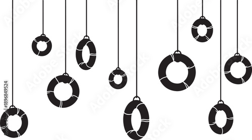 Black lifebuoys hanging from ropes on white background illustration