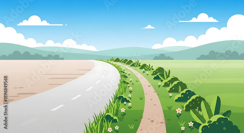 A picturesque landscape illustration featuring a winding paved road alongside a scenic nature path, both stretching through verdant green fields under a clear blue sky