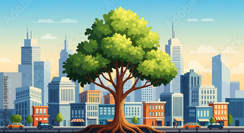 Urban oasis a vibrant green tree with sprawling roots thrives amidst a cityscape of modern buildings and bustling streets