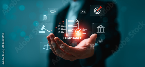 Canvas-taulu Business professional presenting digital compliance document interface with appr