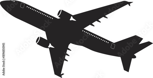 Black airplane silhouette icon isolated on white background, commercial aircraft taking off, aviation travel concept, flight transport vector, aerospace engineering