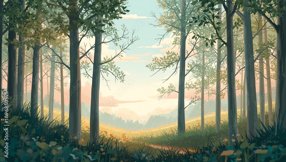 Obraz premium Misty Sunrise in a Forest Path