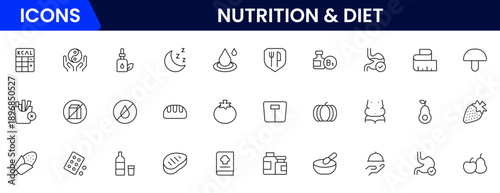 Nutrition and Diet, Healthy Food, and Detox Diet Vector Icons. Contains such Icons as Metabolism, Caunt Calories, Palm oil free, Zero trans fat, Probiotics, and more
