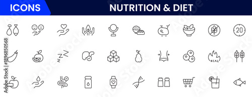 Nutrition and Diet, Healthy Food, and Detox Diet Vector Icons. Contains such Icons as Metabolism, Caunt Calories, Palm oil free, Zero trans fat, Probiotics, and more