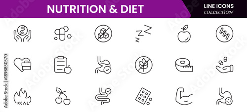 Nutrition and Diet, Healthy Food, and Detox Diet Vector Icons. Contains such Icons as Metabolism, Caunt Calories, Palm oil free, Zero trans fat, Probiotics, and more