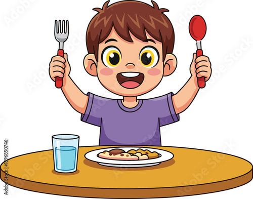 Cartoon child happily eating at table with fork and spoon. Fun mealtime illustration for nutrition, education, or children’s food-related creative projects.