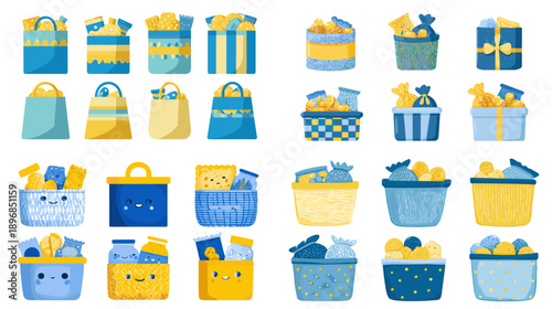 Bright illustration set of shopping bags and gift boxes ideal for retail branding ecommerce promotions holidays packaging and festive design projects