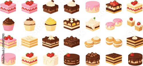 Cartoon desserts including cakes, cupcakes, and pastries with colorful toppings, ideal for bakery menus, food-themed designs, and culinary illustrations.