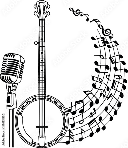 Banjo and microphone illustration with musical notes