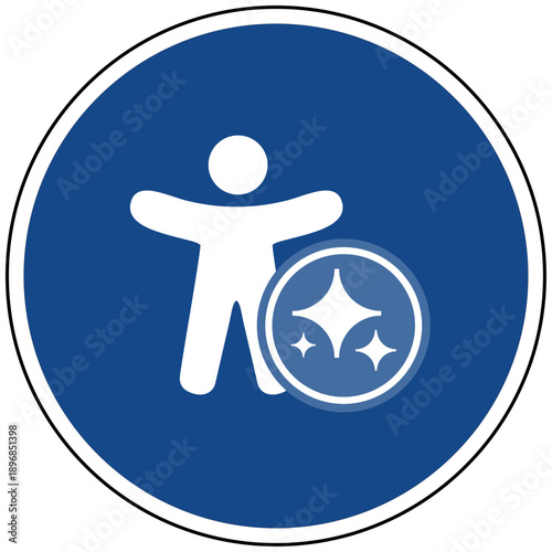 Barrierefreiheit Mensch Inklusion mit Künstliche Intelligenz KI Icon blaues Schild Vektor Illustration - Assistenz Behinderung Unterstützung Gesellschaft Human Aid Smart Technology