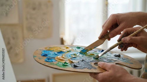 Wallpaper Mural Connectioneering Artist mixing paints on a wooden palette with brushes. Torontodigital.ca