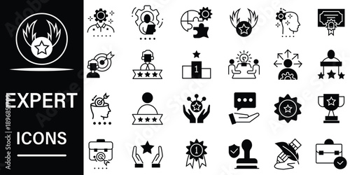 Expert icon collection. Features icons of consultancy, skills, knowledge, specialist, training, recruitment and more. Perfect for business. Vector illustration.