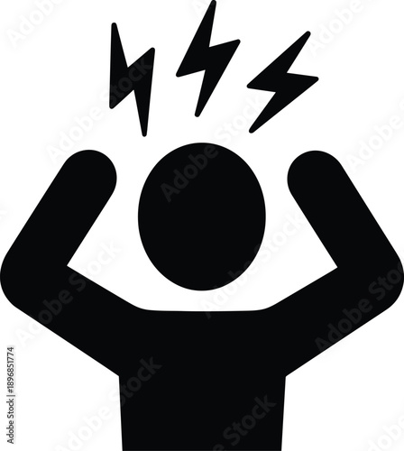 Black silhouette icon of a person feeling stressed with lightning bolts over head representing mental pressure headache anxiety and frustration