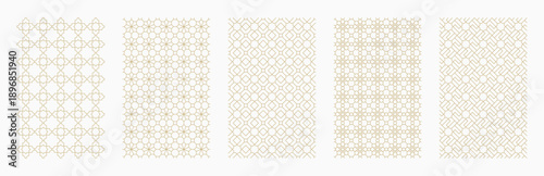 Set of five elegant Islamic seamless patterns featuring refined gold ornamental elements on a clean white background. Ideal for Ramadan and Eid designs, luxury branding, packaging, and wallpaper